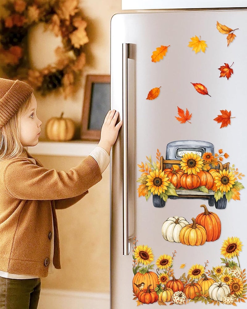 JMHACHY Fall Window Clings - 9 Sheets 116 Pcs Fall Decorations for Autumn Thanksgiving Harvest Home Party, Pumpkin Leaves Truck Maple Sunflowers Stickers for Glass, Double-Sided Static Window Decals - Image 5